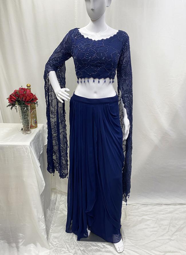 Crepe Blue Ceremonial Wear Sequins Work Readymade Indo Western